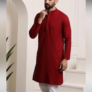 Sojanya Men's Pure Cotton Sequence Long Kurta maroon small